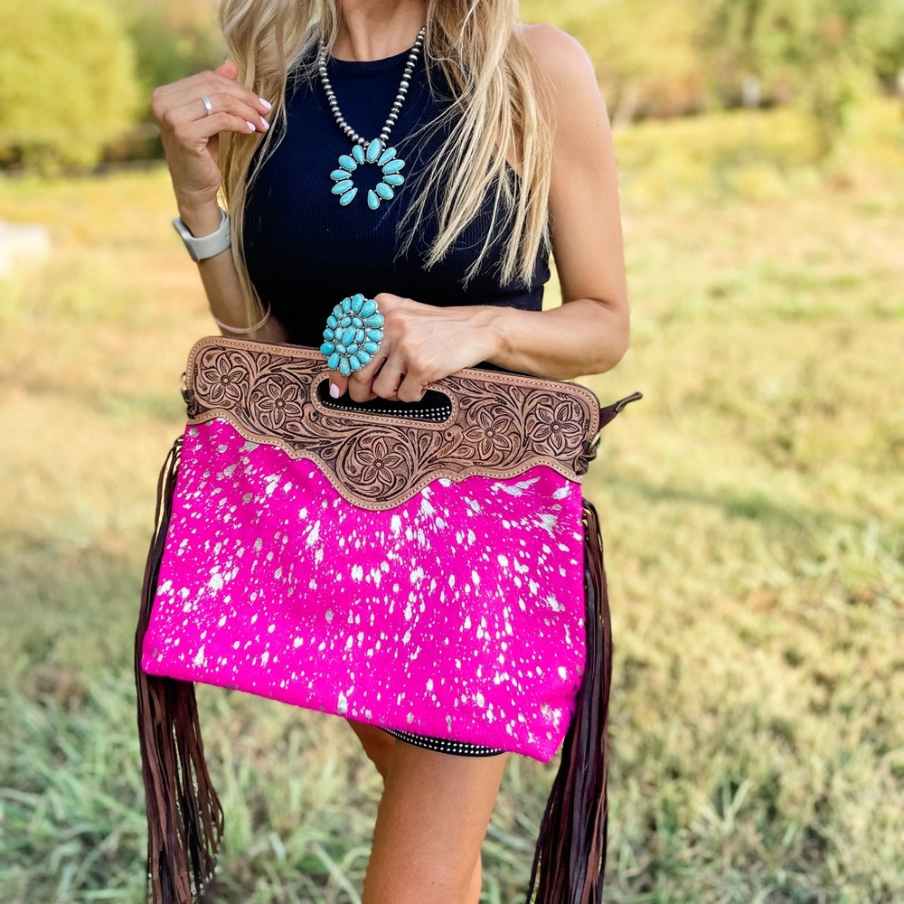 Tooled Leather Cowhide Fringe Tassel clutch crossbody purse pink + silver specs